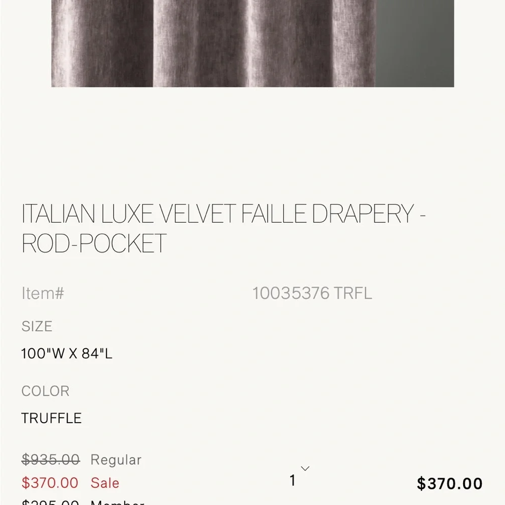 Restoration Hardware, Italian Luxe Velvet Faile Drapery, 100x84. Brand new